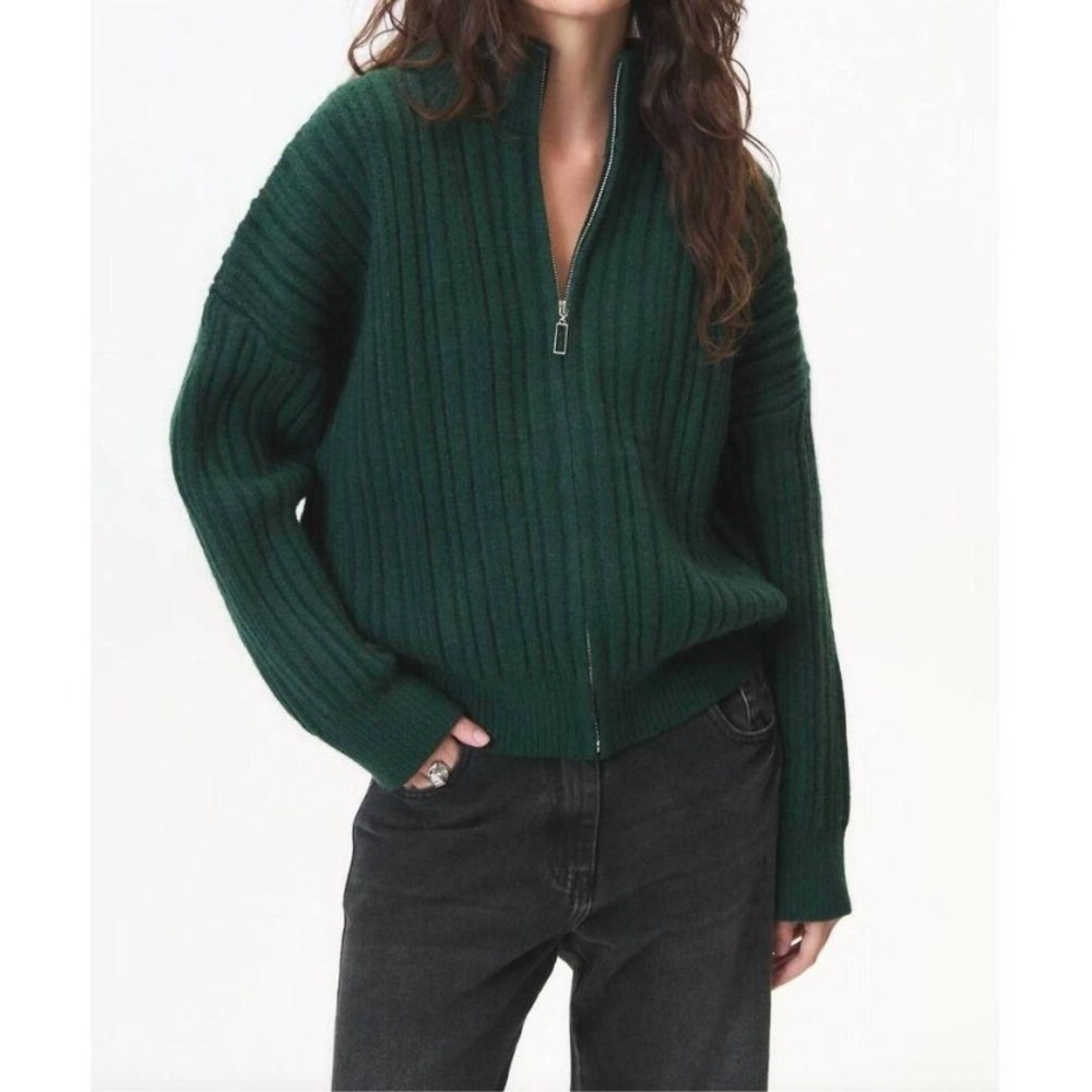 Deluc Women Green Ribbed Full Zip Sweater Size Small Forest Green